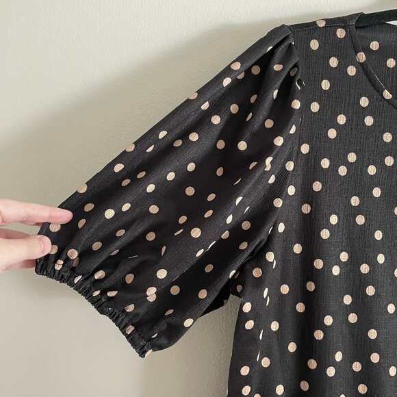 River Island Women 12 Black Crew Neck Puff Sleeve Spotted Frill Smock Mini Dress - Picture 9 of 15